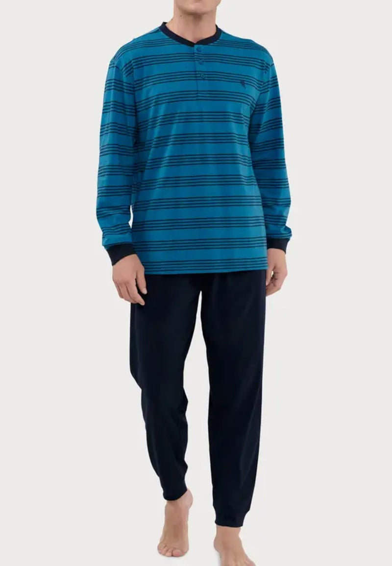 Pijama de hombre de algodón y punto rayas azul (tallas de la L a la 5XL)