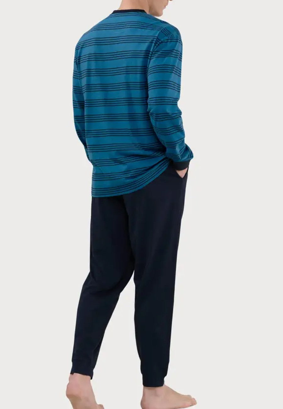 Pijama de hombre de algodón y punto rayas azul (tallas de la L a la 5XL)