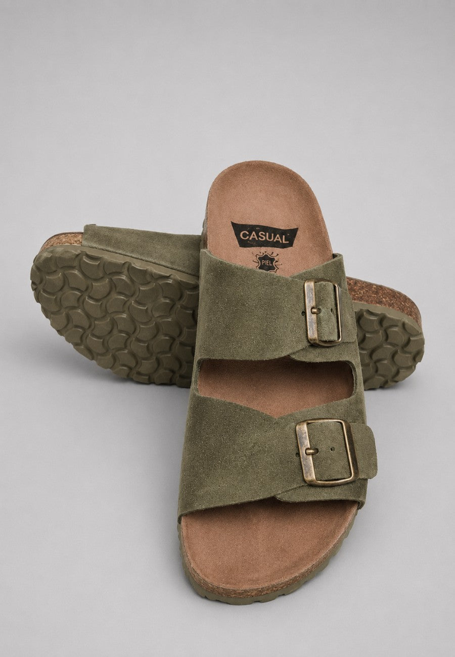 Sandalias doble hebilla de piel de serraje tallas 40 a la 46 verde caqui