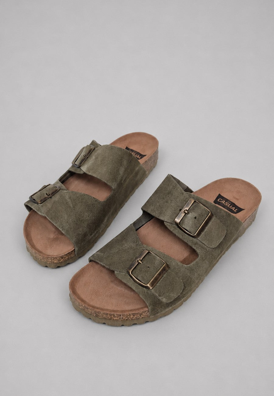 Sandalias doble hebilla de piel de serraje tallas 40 a la 46 verde caqui
