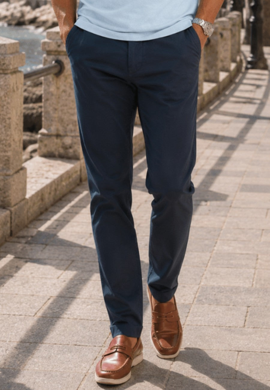 Pantalones casuales chinos de nylon elastico, finos de verano Azul marino