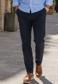 Pantalones casuales chinos de nylon elastico, finos de verano Azul marino