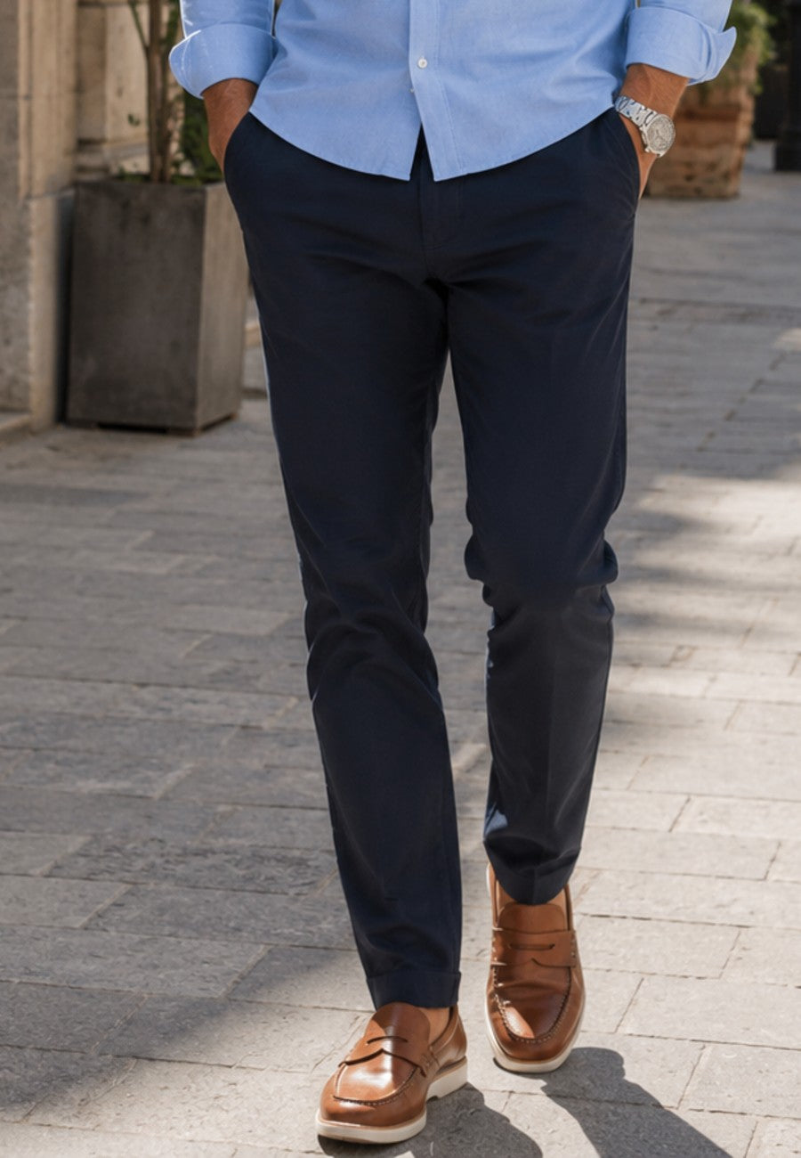 Pantalones casuales chinos de nylon elastico, finos de verano Azul marino