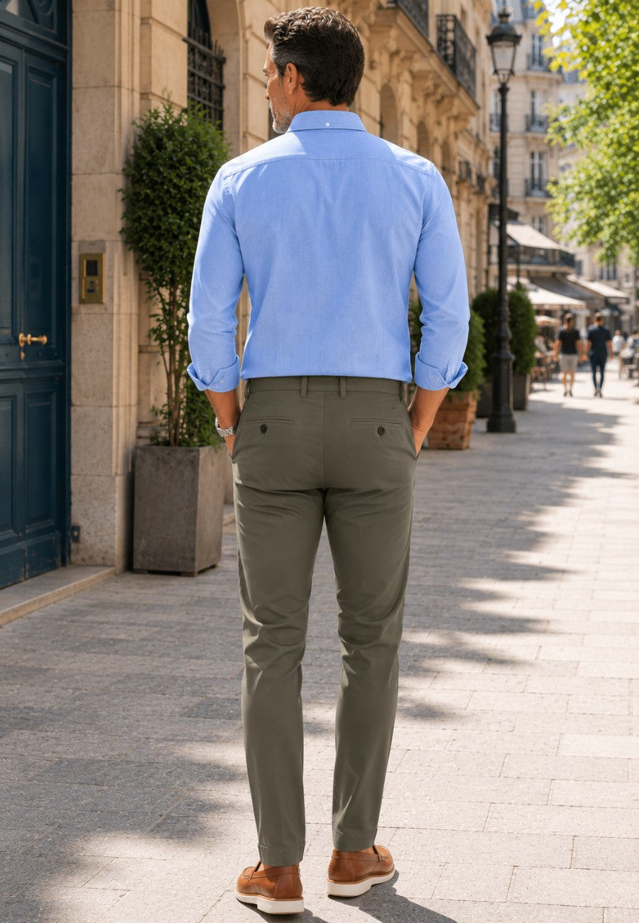 Pantalones casuales chinos de nylon elastico, finos de verano color verde
