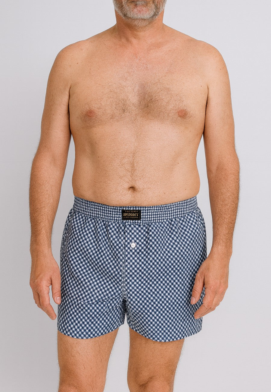 Boxer de tela en dibujos geometricos  cuadros azules Tallas L a 5XL