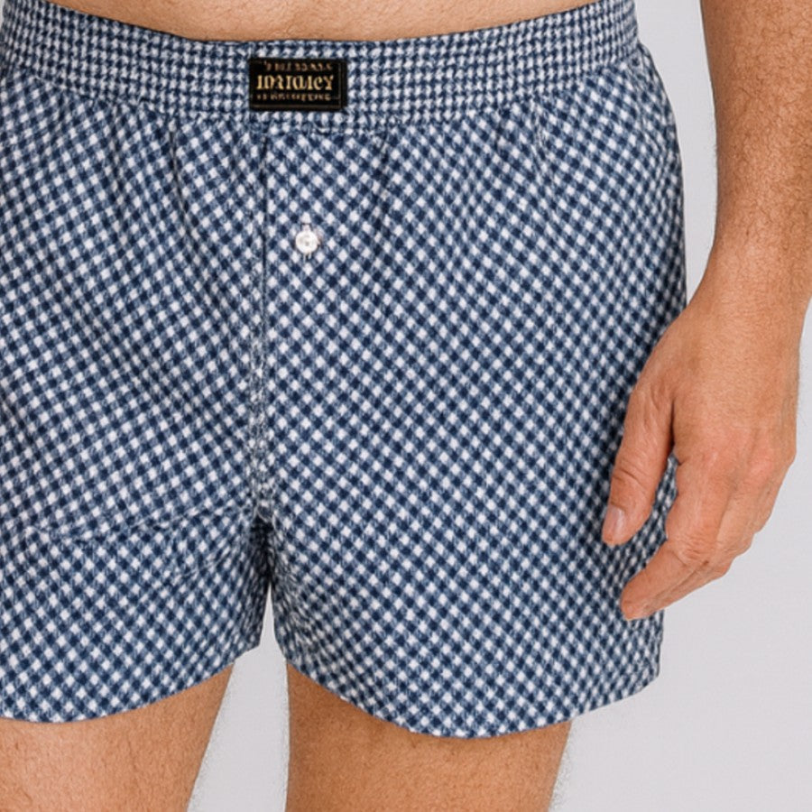 Boxer de tela en dibujos geometricos  cuadros azules Tallas L a 5XL