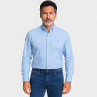 Camisa Oxford manga larga de hombre con micro cuadros celeste