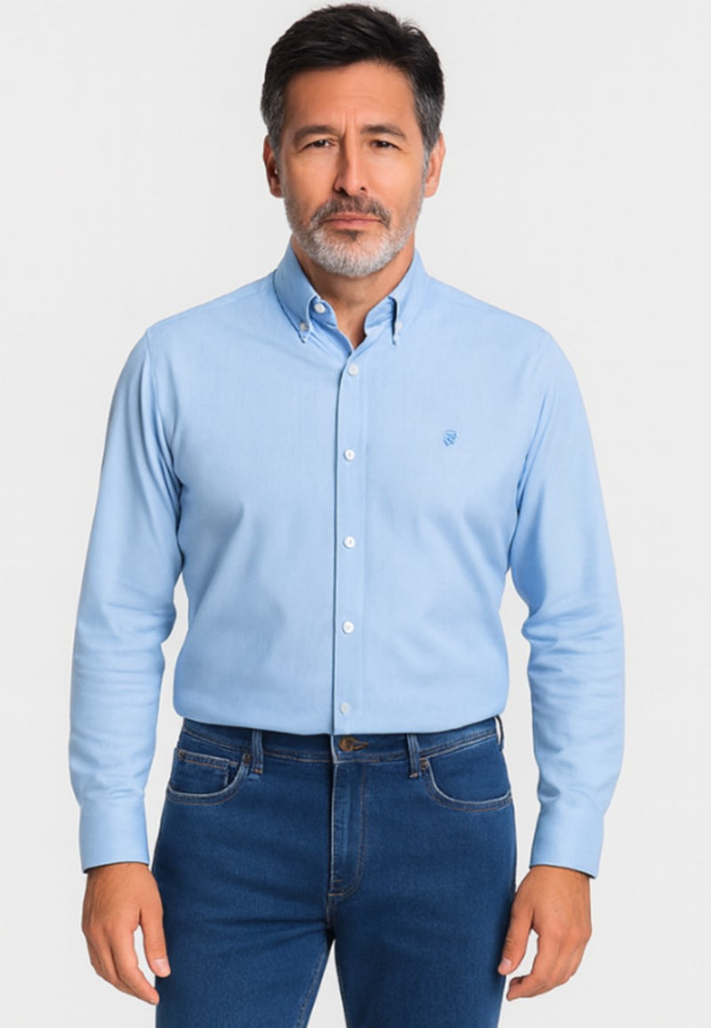 Camisa Oxford manga larga de hombre con micro cuadros celeste
