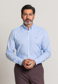 Camisa Oxford manga larga de hombre con micro cuadros celeste
