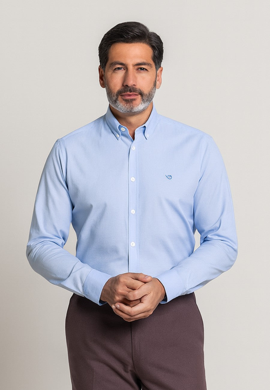 Camisa Oxford manga larga de hombre con micro cuadros celeste