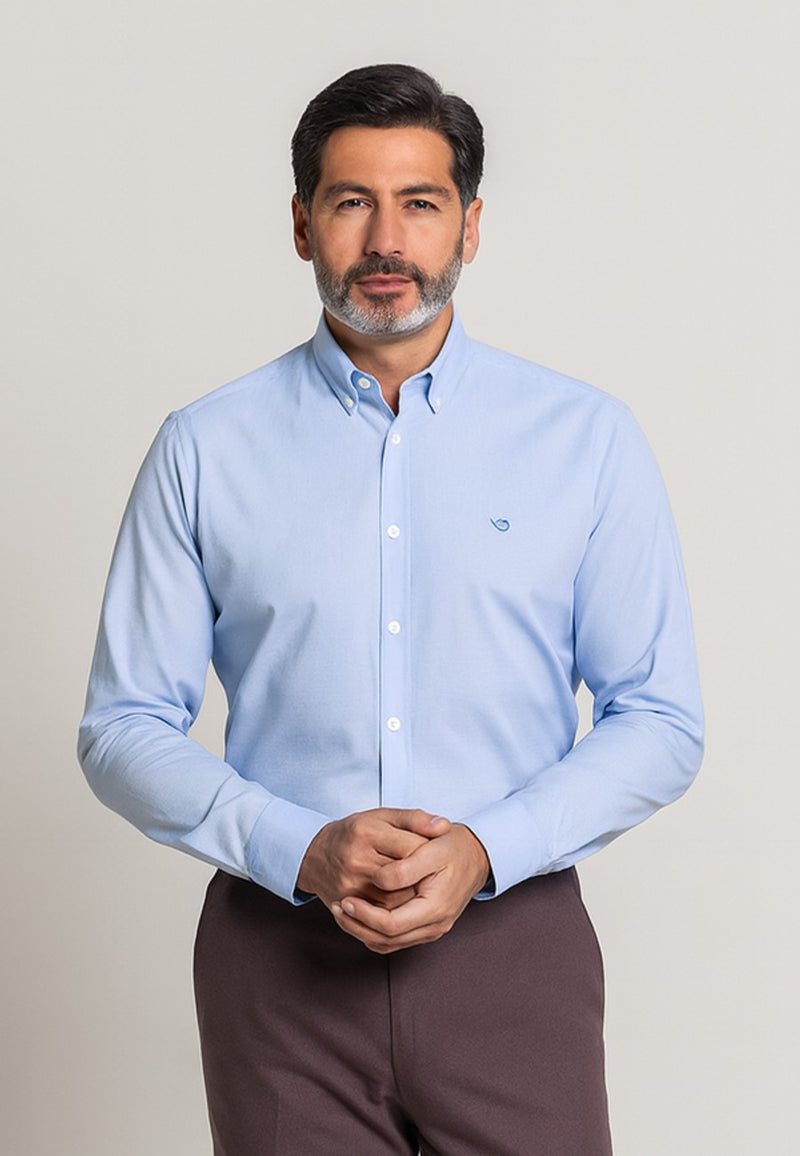 Camisa Oxford manga larga de hombre con micro cuadros celeste