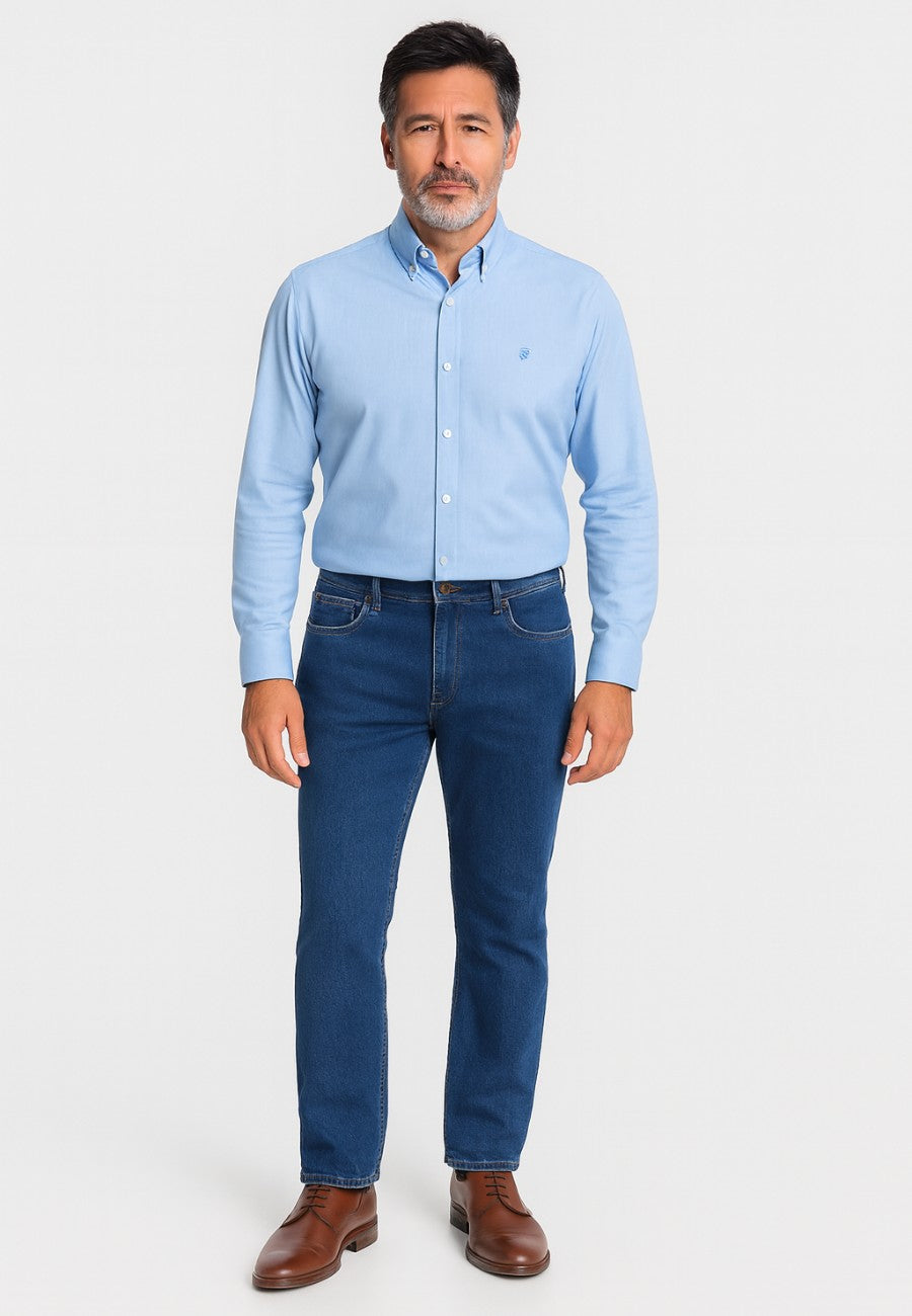 Camisa Oxford manga larga de hombre con micro cuadros celeste