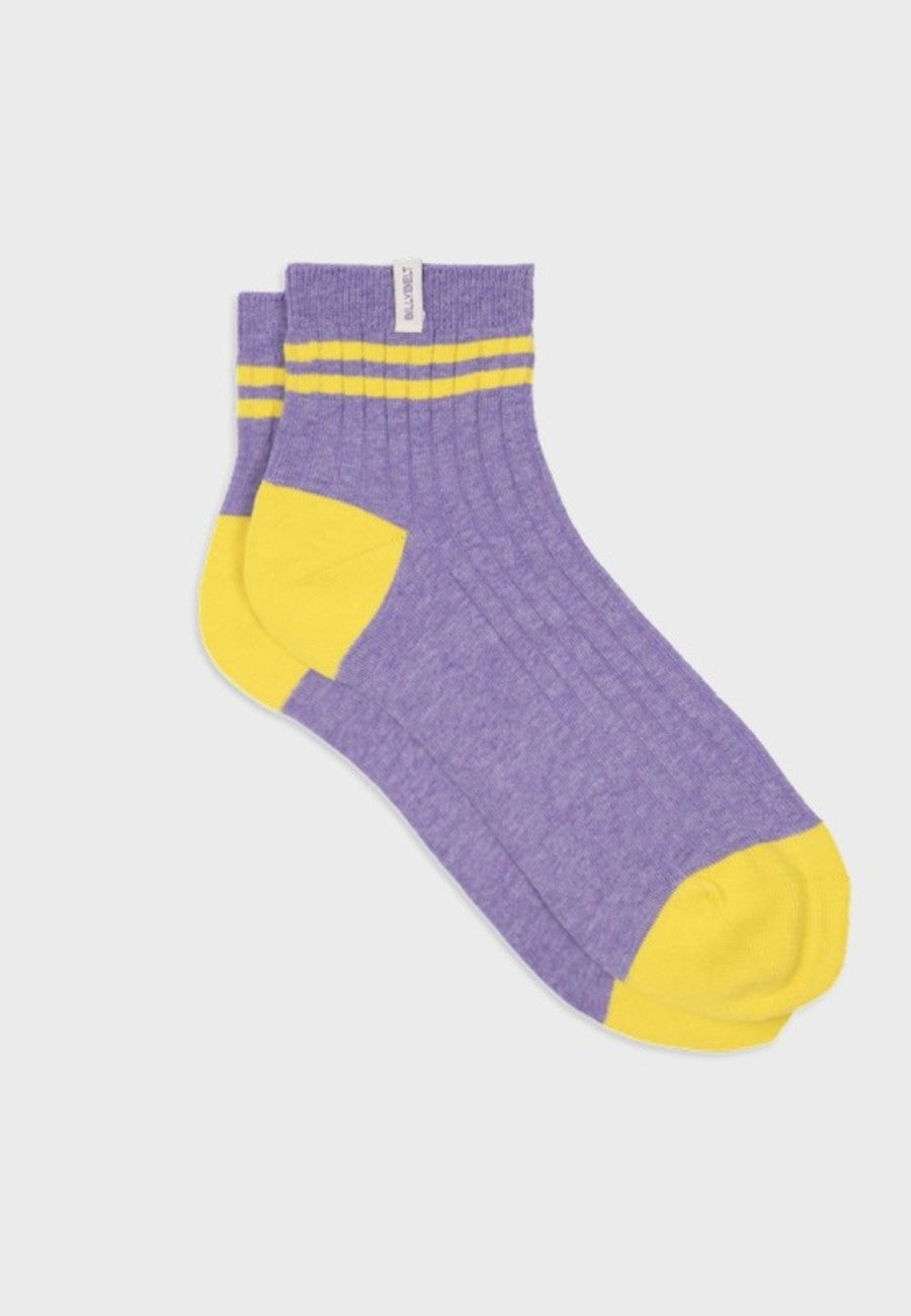 Calcetines retro de media altura color violeta rayas amarillas