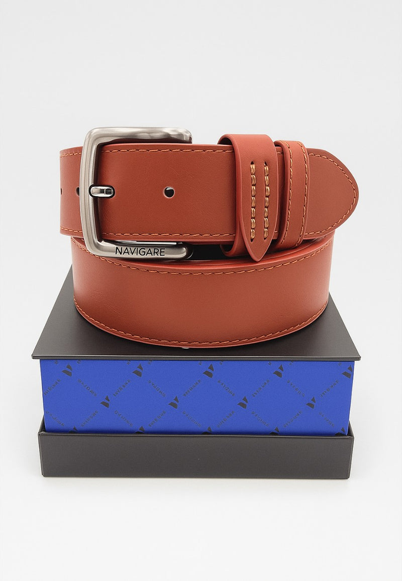 Cinturón ancho de piel con caja de regalo en color marrón