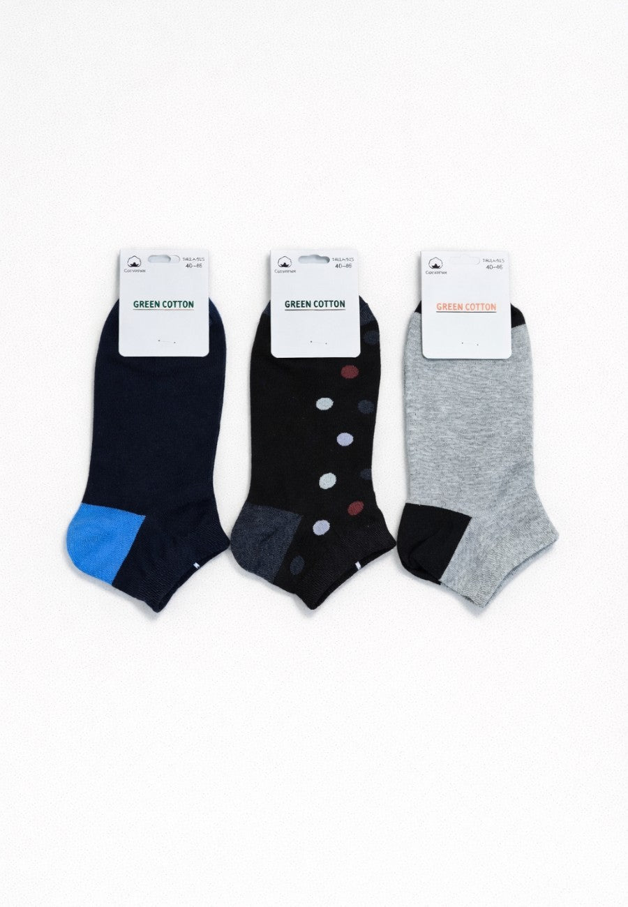 Packs de tres Calcetines tobilleros de hombre de algodón en colores varios