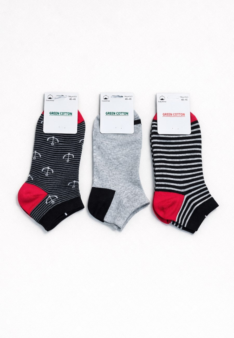 Packs de tres Calcetines tobilleros de hombre de algodón en colores varios