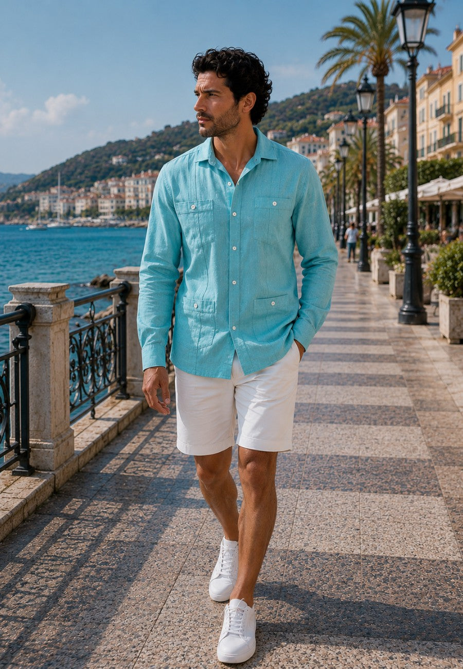Camisa guayabera de sastrería en lino color verde suave - tallas hasta la 6XL