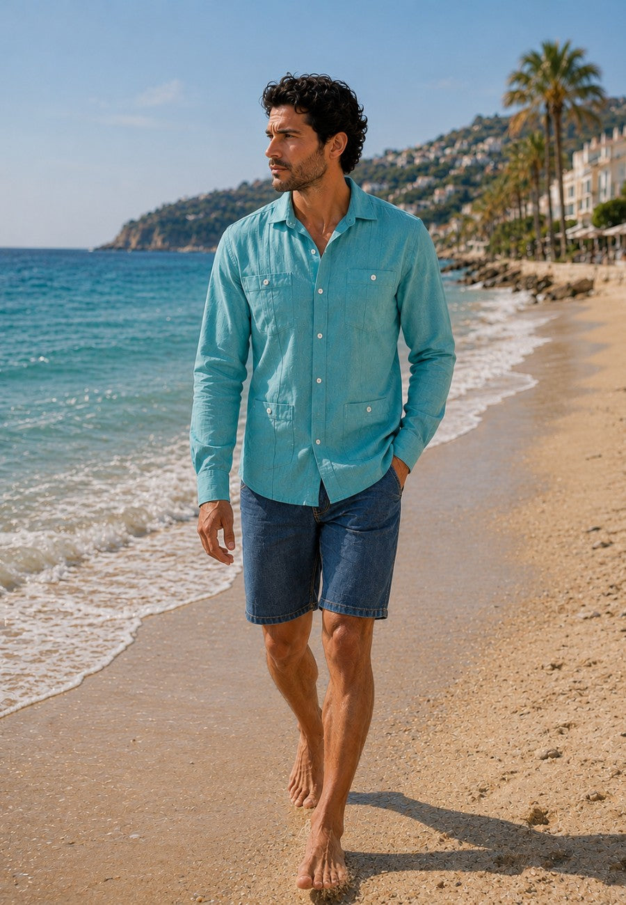 Camisa guayabera de sastrería en lino color verde suave - tallas hasta la 6XL