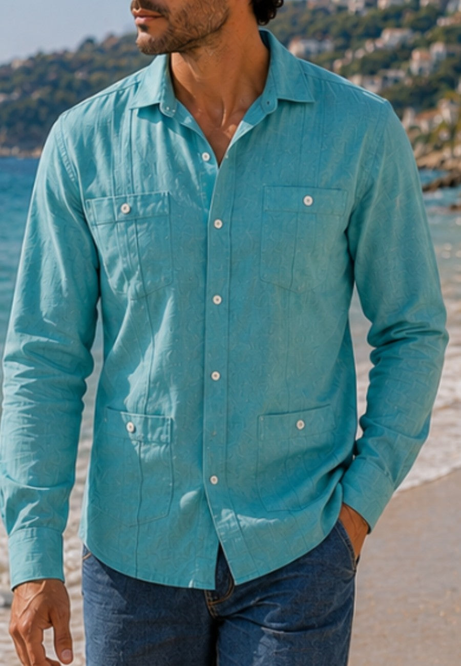 Camisa guayabera de sastrería en lino color verde suave - tallas hasta la 6XL