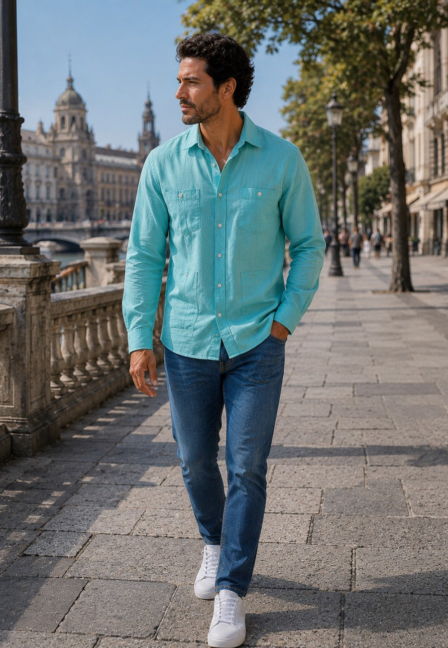 Camisa guayabera de sastrería en lino color verde suave - tallas hasta la 6XL