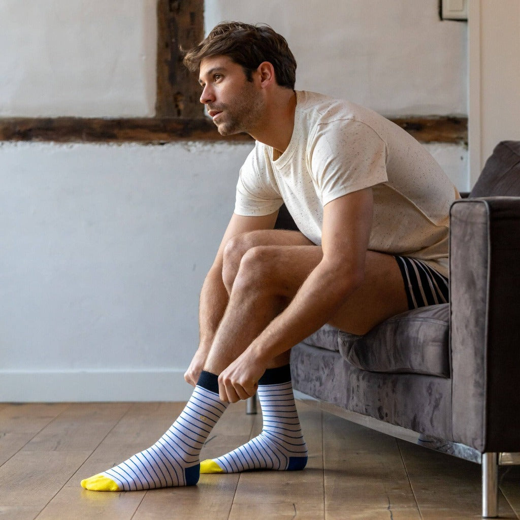Calcetines de algodón Hecho a mano Para Hombre - Rayas Blanco y Azul